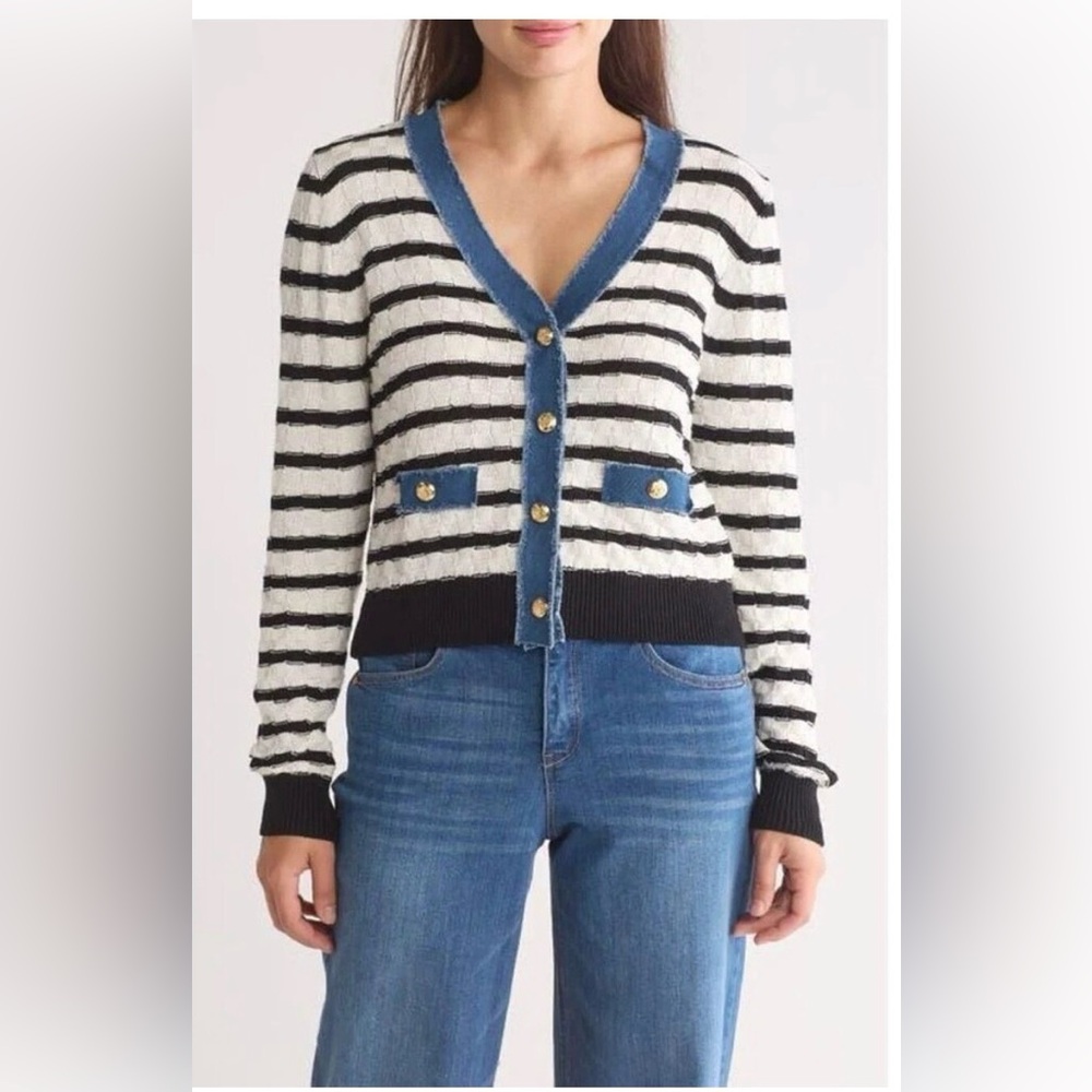 NWOT Laundry By Shelli Segal Black and Cream Striped Cardigan with denim Trim